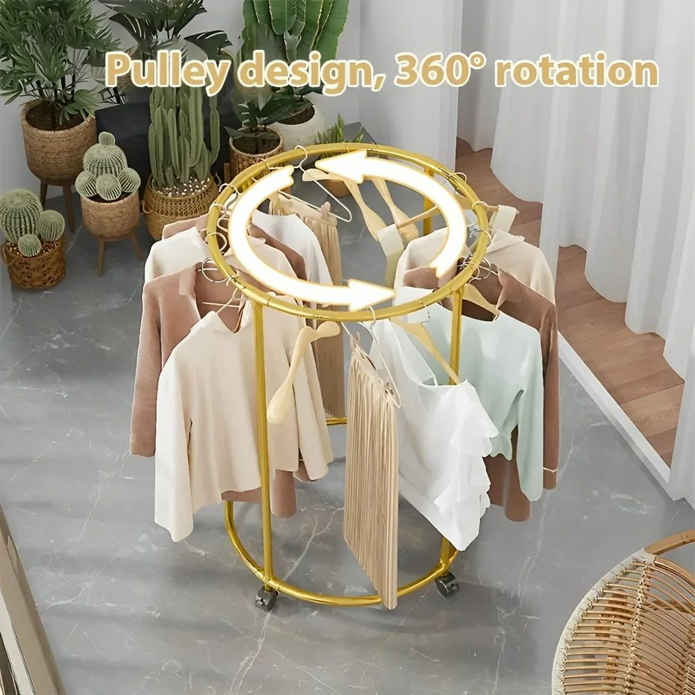 Round Garment Rack – Freestanding Metal Clothing Display with Wheels, Rotating Spiral Dress Rack for Retail & Home - Gold Color