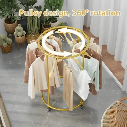 Round Garment Rack – Freestanding Metal Clothing Display with Wheels, Rotating Spiral Dress Rack for Retail & Home - Gold Color
