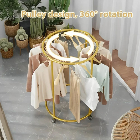 Round Garment Rack – Freestanding Metal Clothing Display with Wheels, Rotating Spiral Dress Rack for Retail & Home - Gold Color