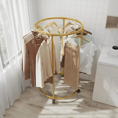 Round Garment Rack – Freestanding Metal Clothing Display with Wheels, Rotating Spiral Dress Rack for Retail & Home - Gold Color