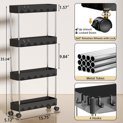 4 Tier Slim Rolling Storage Cart, Bathroom Storage Organizer,