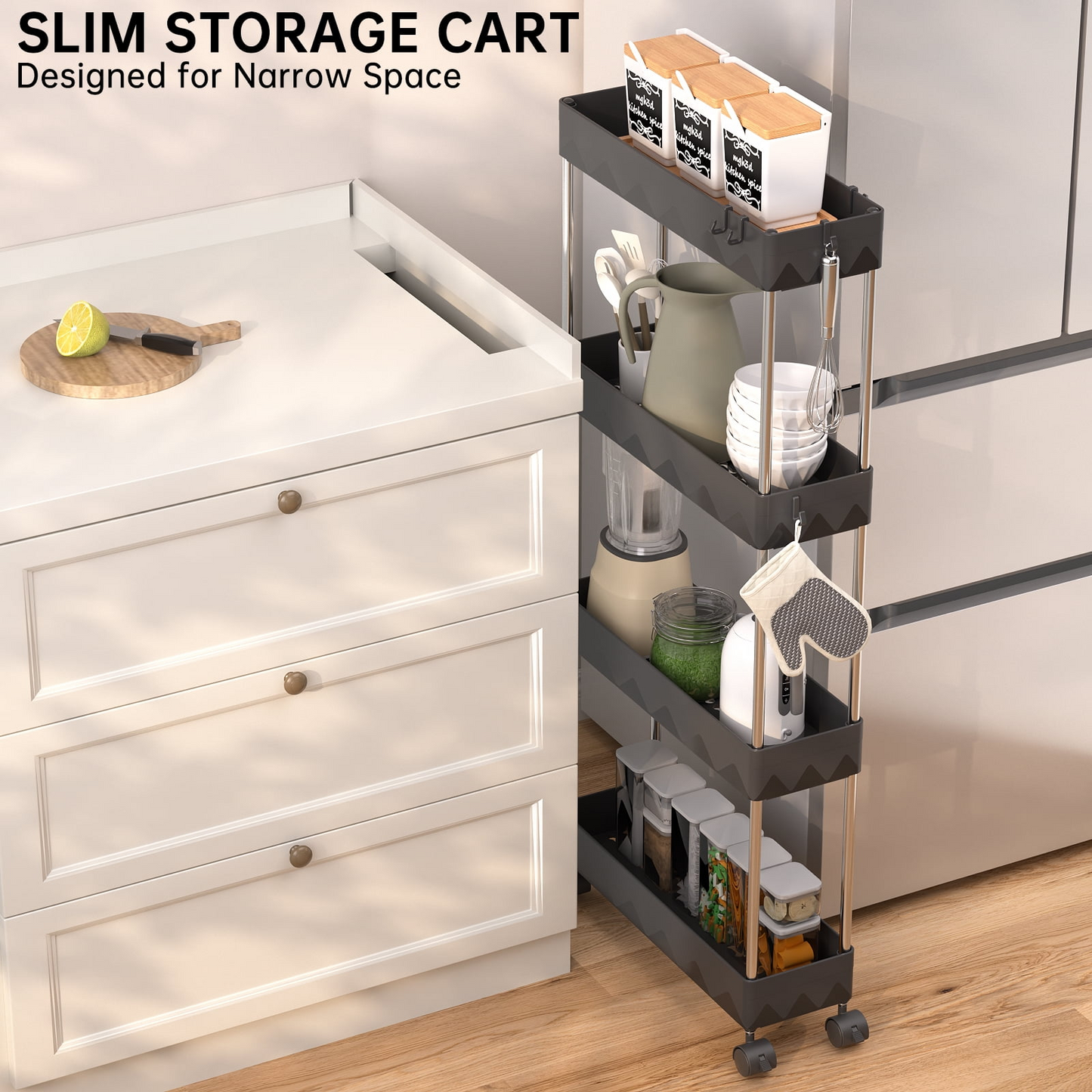 4 Tier Slim Rolling Storage Cart, Bathroom Storage Organizer,