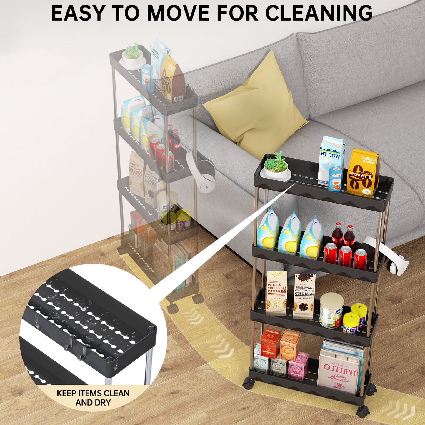 4 Tier Slim Rolling Storage Cart, Bathroom Storage Organizer,