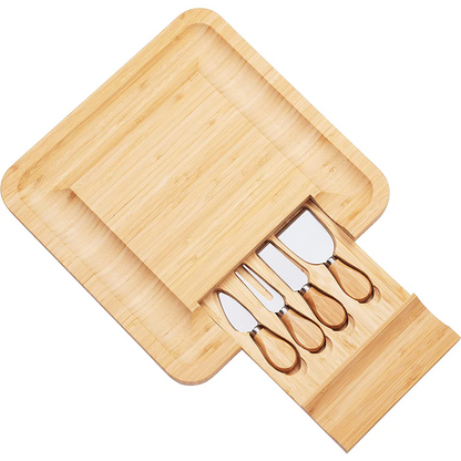 Bamboo Squared Board Wooden Serving Tray with Cutlery in Slide-Out Drawer