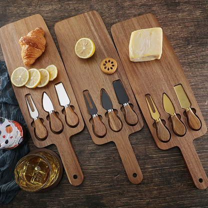 a Wood Cheese Board and Knife Set: Charcuterie Serving Platter for Meat, Cheese, Crackers