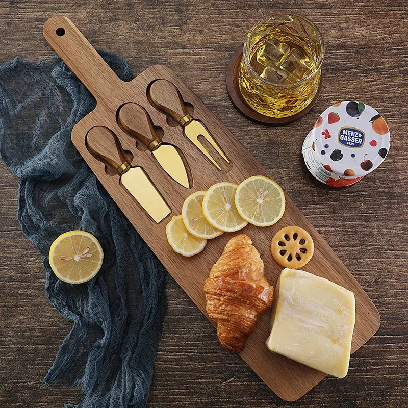 a Wood Cheese Board and Knife Set: Charcuterie Serving Platter for Meat, Cheese, Crackers