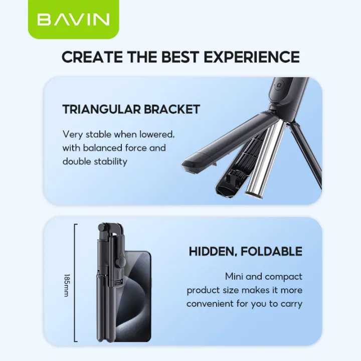 BAVIN P09 Portable Selfie Stick Monopod Tripod Stand Travel Up to 68cm w/ Bluetooth Remote Control