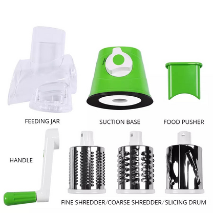 Tabletop Drum 3-in-1 Vegetable Cutter & Rotary Cheese Grater – Multifunctional Slicer with 3 Stainless Steel Blades for Vegetables, Fruits & Cheese