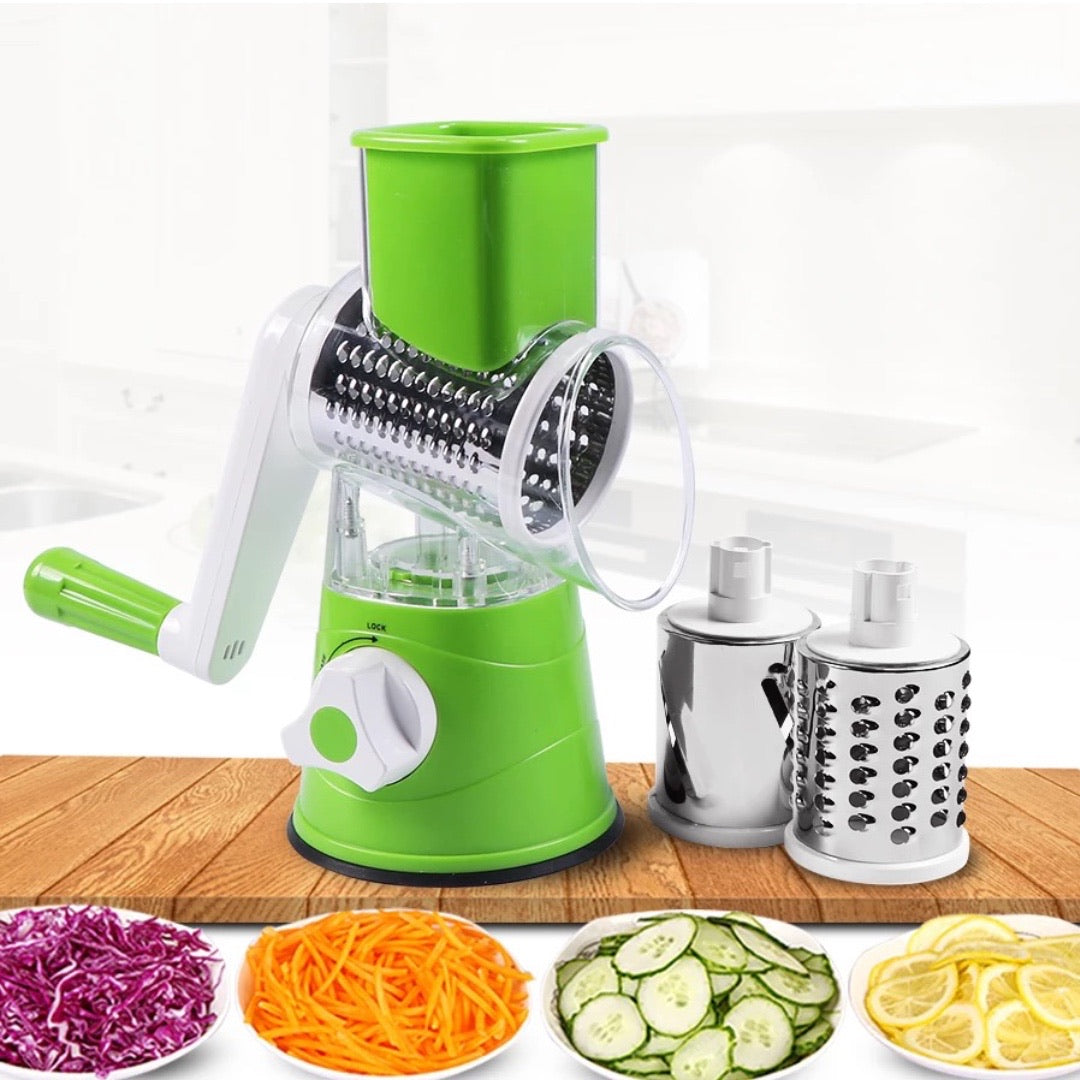 Tabletop Drum 3-in-1 Vegetable Cutter & Rotary Cheese Grater – Multifunctional Slicer with 3 Stainless Steel Blades for Vegetables, Fruits & Cheese