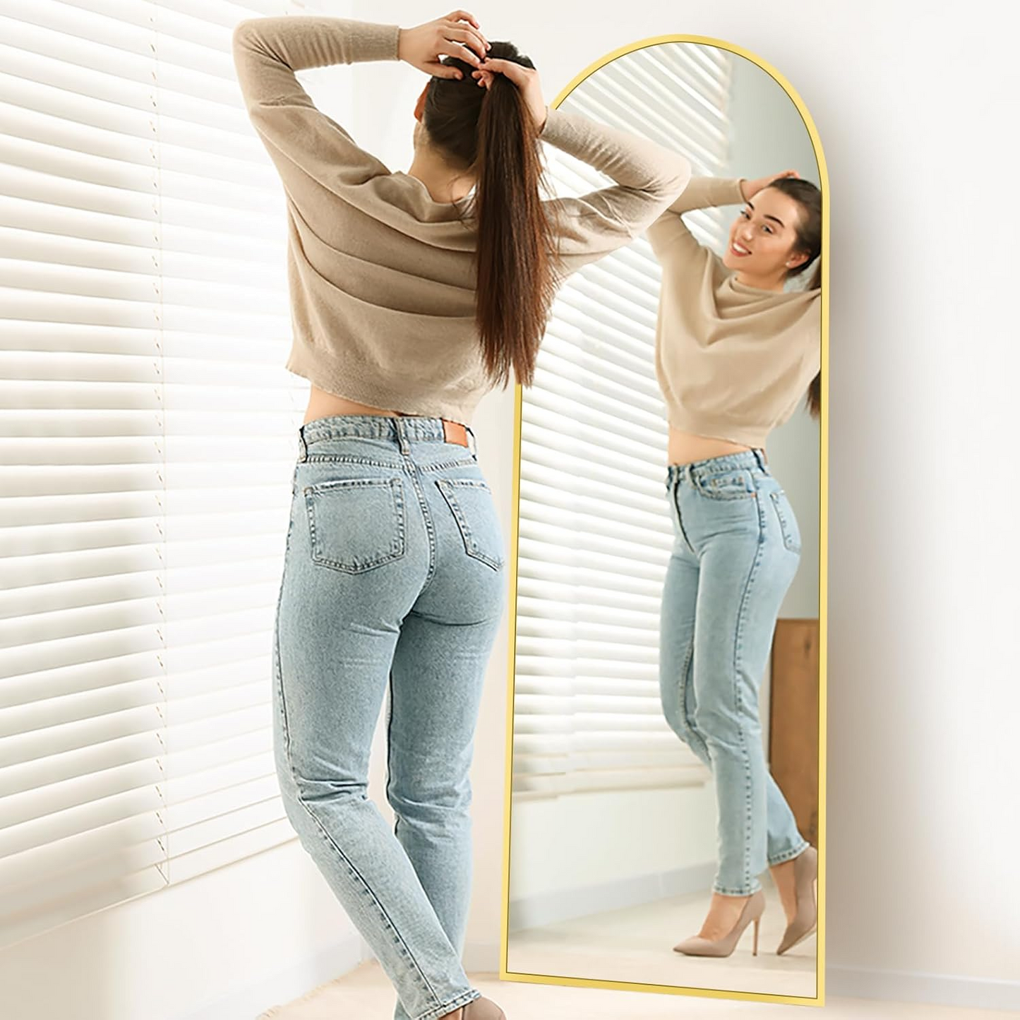 Arched Floor Mirror with Stand – Gold Full Body Dressing Mirror, Leaning or Hanging Wall Mirror