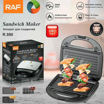 RAF 3-in-1 Toaster and Mini Donut Maker – Interchangeable Panels, 1000W Power, Grill and Donut Making R590